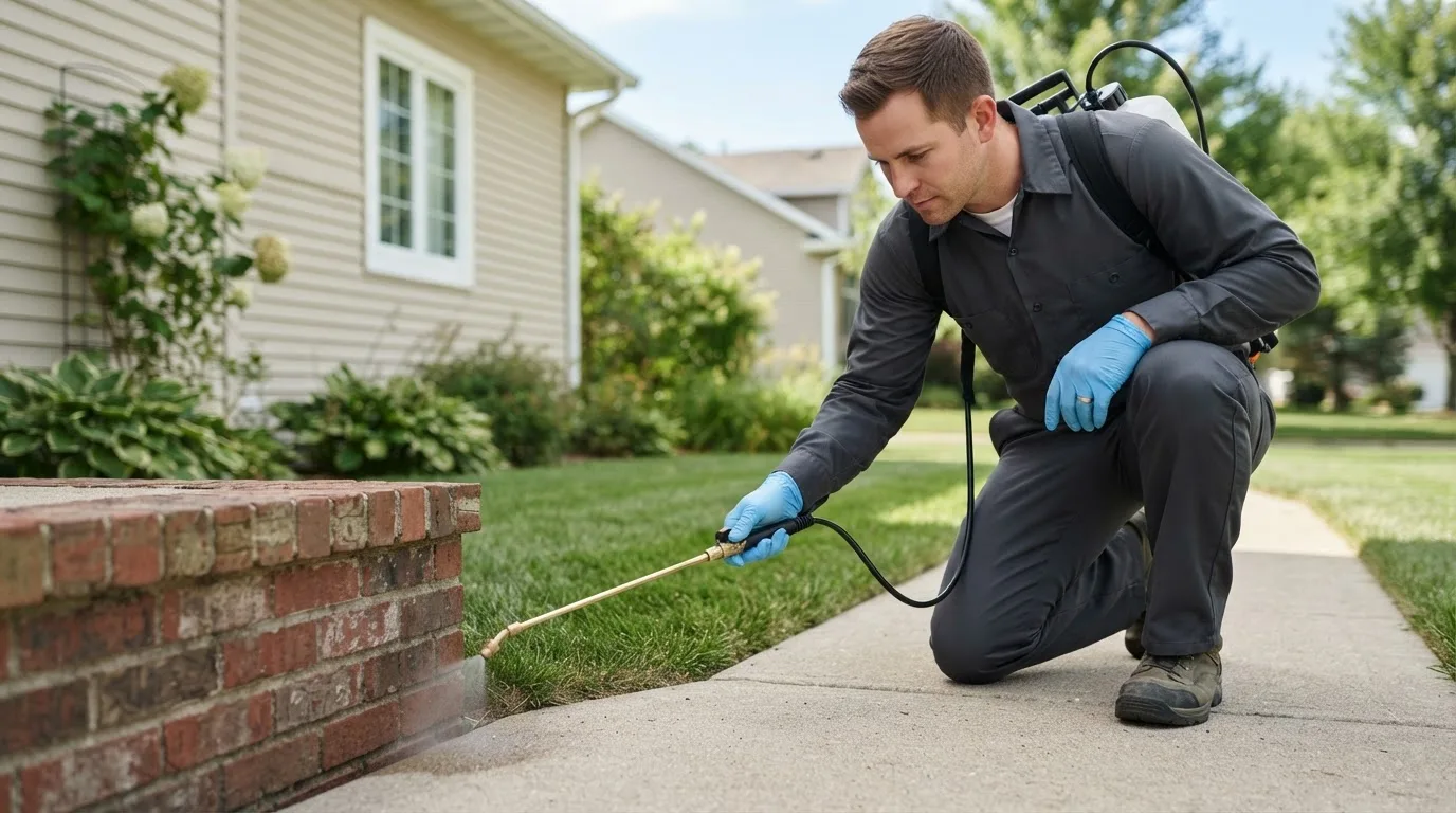 Pest control technician treating a home near Mabel, MN